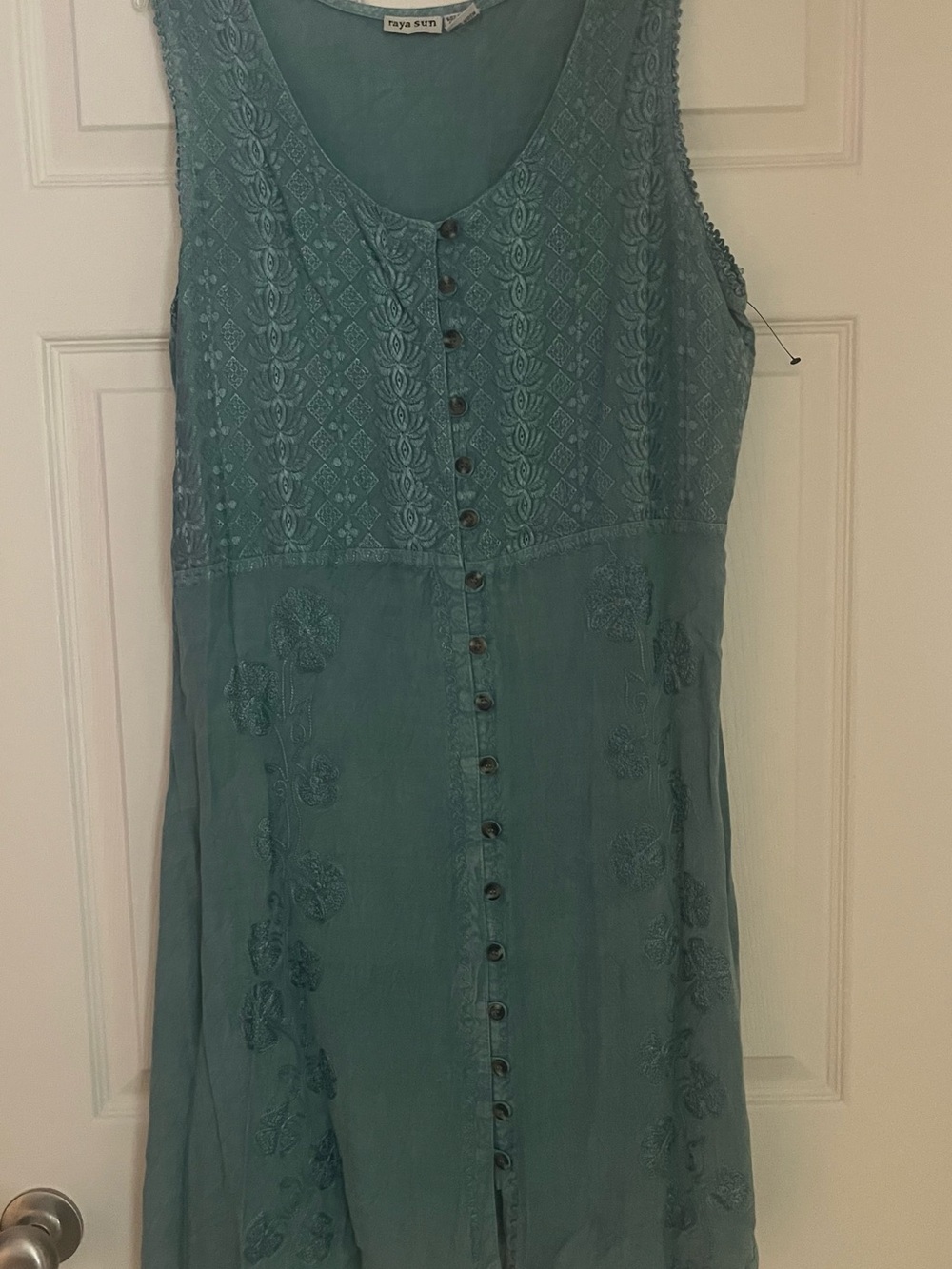 raya sun teal embroidered button-front sleeveless dress